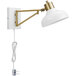 A white wall lamp with a gold swing arm and plug-in cord.