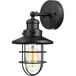 A dark bronze wall sconce with a removable cage covering a light bulb.