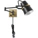 A Globe black and gold wall lamp with a cord and swing arm.