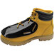 A yellow and black boot with an Impacto Metatarsal and Toe Protector attached.