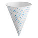 A white Choice paper cone with blue triangles on it.