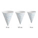 A group of white Choice paper cone cups with blue triangle designs on them.