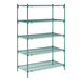 A green metal wire shelving unit with five adjustable shelves.