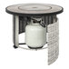 A 36" round stainless steel LP gas fire pit with a white propane cylinder on a table.