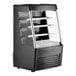An Avantco black vertical air curtain merchandiser with glass doors.