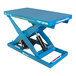 A blue Bishamon Optimus Lift5K scissor lift table with a hydraulic lift.