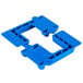 Two blue plastic pieces with holes in them used for caster placement.