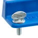 A close-up of a blue plastic screw clamp.