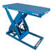 A blue Bishamon Optimus electric scissor lift table with a blue platform.