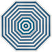 A close-up of a blue and white striped California Umbrella canopy.