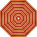 A white umbrella with orange and brown striped canopy.