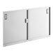 A pair of white metal sliding doors with a lock.