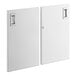 Two white rectangular doors with square metal handles.