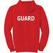 A red sweatshirt with white text on the front and back that says "Guard" and "Kemp USA"