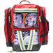 A red backpack with clear pockets and a few medical items inside.
