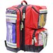 A red Kemp USA EMS backpack with clear pockets.