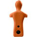 An orange plastic Kemp USA training manikin with black face and hand circles.