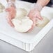 A person holding pizza dough in a white Cambro proofing box.