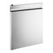 A stainless steel rectangular refrigerator door with a black handle.