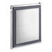 A white square mirror with a silver trim on the edges and a black frame.