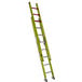 A yellow fiberglass ladder with silver bars.