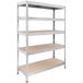 An AR Shelving galvanized boltless metal shelving unit with fiberboard shelves.