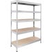 An AR Shelving boltless metal shelving unit with fiberboard shelves.