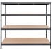 An AR Shelving metal boltless shelving unit with four shelves.