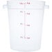 A clear plastic Carlisle food storage container with red measurements.