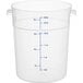 A clear plastic Carlisle food storage container with blue measurements.