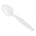 A clear plastic spoon with a handle.