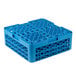 A blue plastic rack with holes for glasses on a white background.