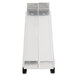 A silver metal rectangular shelf with metal legs on a metal strip.
