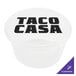 A clear plastic GET Eco-Takeouts sauce container with white text that says "Taco Casa"