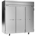 A large silver Beverage-Air reach-in freezer with three doors.