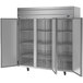 A Beverage-Air Horizon Series stainless steel 3 door reach-in freezer with open doors.