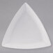 A white triangle shaped Tuxton china plate with a white rim.