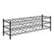 A black metal Regency wire wine rack with three shelves holding wine bottles.
