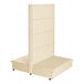 A beige retail display with double-sided pegboard shelves.