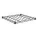 A black metal grid shelf for wine bottles.