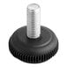 An Avantco silver and black adjustable metal foot with a black plastic cap.