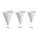 A group of Carnival King paper cone cups with blue triangle designs.