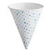 A white paper cone with blue triangles on it.