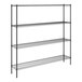 A black wire shelving unit with four shelves.