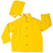 A yellow rain jacket with a hood and black buttons.