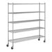 A Steelton chrome wire shelving unit with four shelves on wheels.