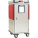 A silver Metro C5 T-Series holding cabinet with red doors.