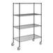 A black metal wire shelving unit with wheels.