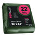 A green tarp with black writing that says "22 mil"