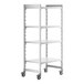 A white Cambro Camshelving® Premium mobile shelving unit with 4 shelves on wheels.
